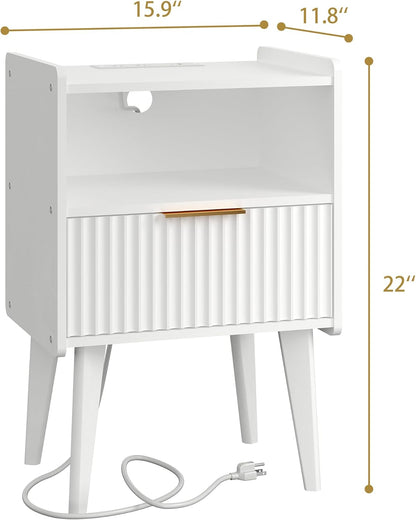 Fluted Nightstand with Charging Station, Modern Bedside Table with Drawer,White Nightstand with