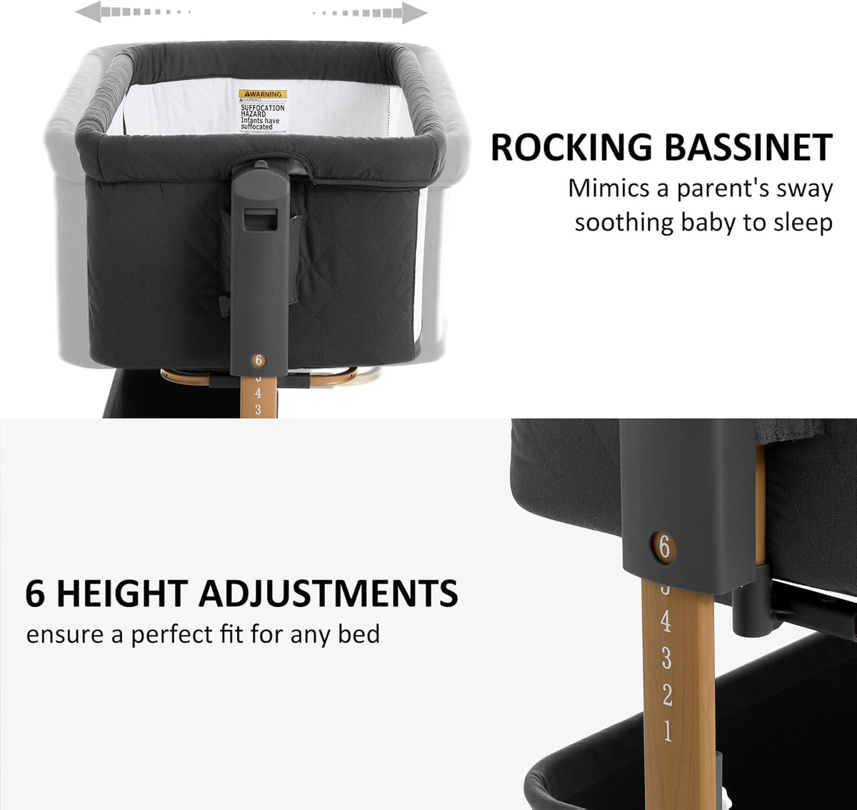 3 in 1 Baby Bassinet, Rocking Bassinet, Bedside Bassinet, 6-Height Adjustable, Bassinet Bedside
