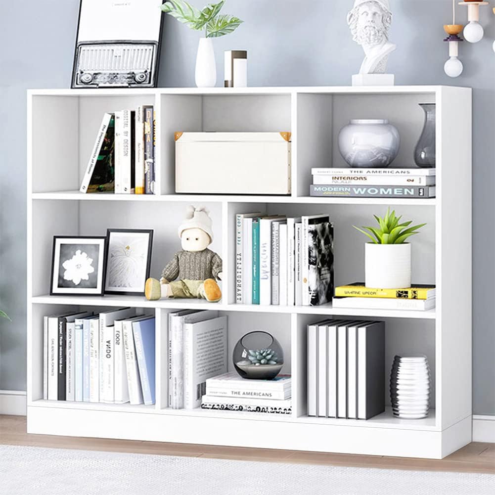 IOTXY Open Shelf Low Bookcase - Wooden 3-Tier Floor Standing Display Cabinet Organizer with Base, 8