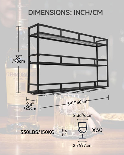 59" Large Wine Rack Wall Mounted with Bottle Glass Holder, 3-Tiers Metal Liquor Floating Shelves