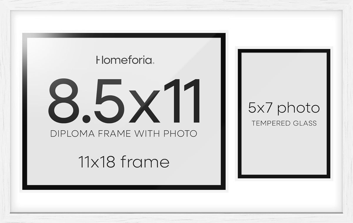 Homeforia 11x18 White Diploma Frame with Photo, High End Oak 11 x 18 Certificate Wood Frame with