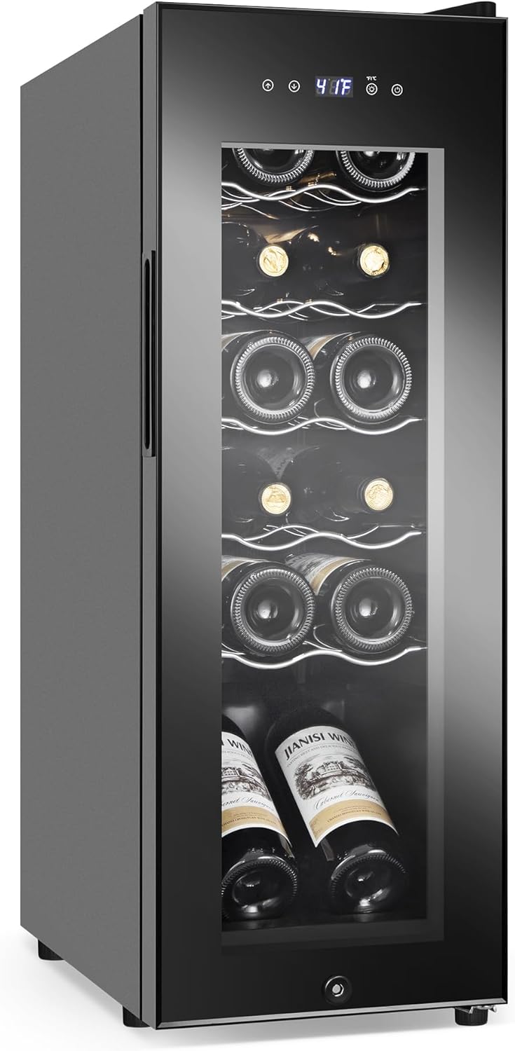 Wine Cooler Refrigerator 12 Bottles, Small Wine Fridge Mini Wine Fridge Countertop with Glass Door