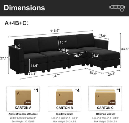 Belffin Modular Sectional Sofa Couch with Reversible Chaise Velvet L Shaped Couch Sofa with Storage