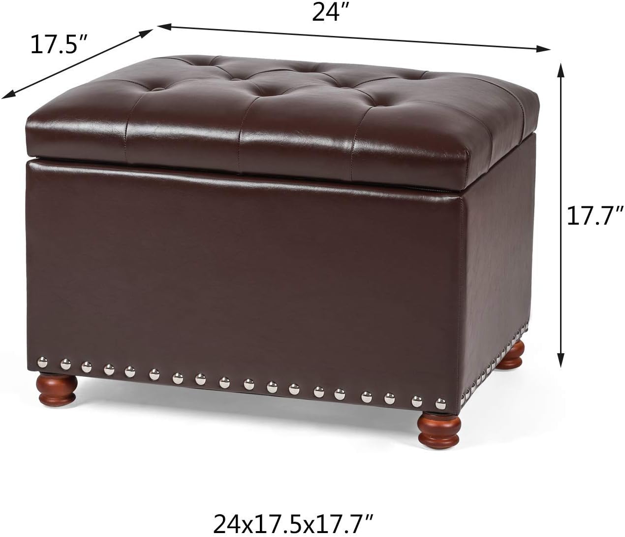 Leather Storage Ottoman Bench Foot Rest Stool with Nailhead Trim (Dark Brown - Button Tufted