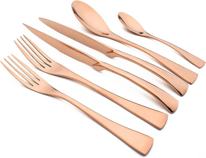 24-Piece Copper Flatware, Mirror 18/10 Stainless Steel Modern & Luxury Dinnerware Set With Serrated