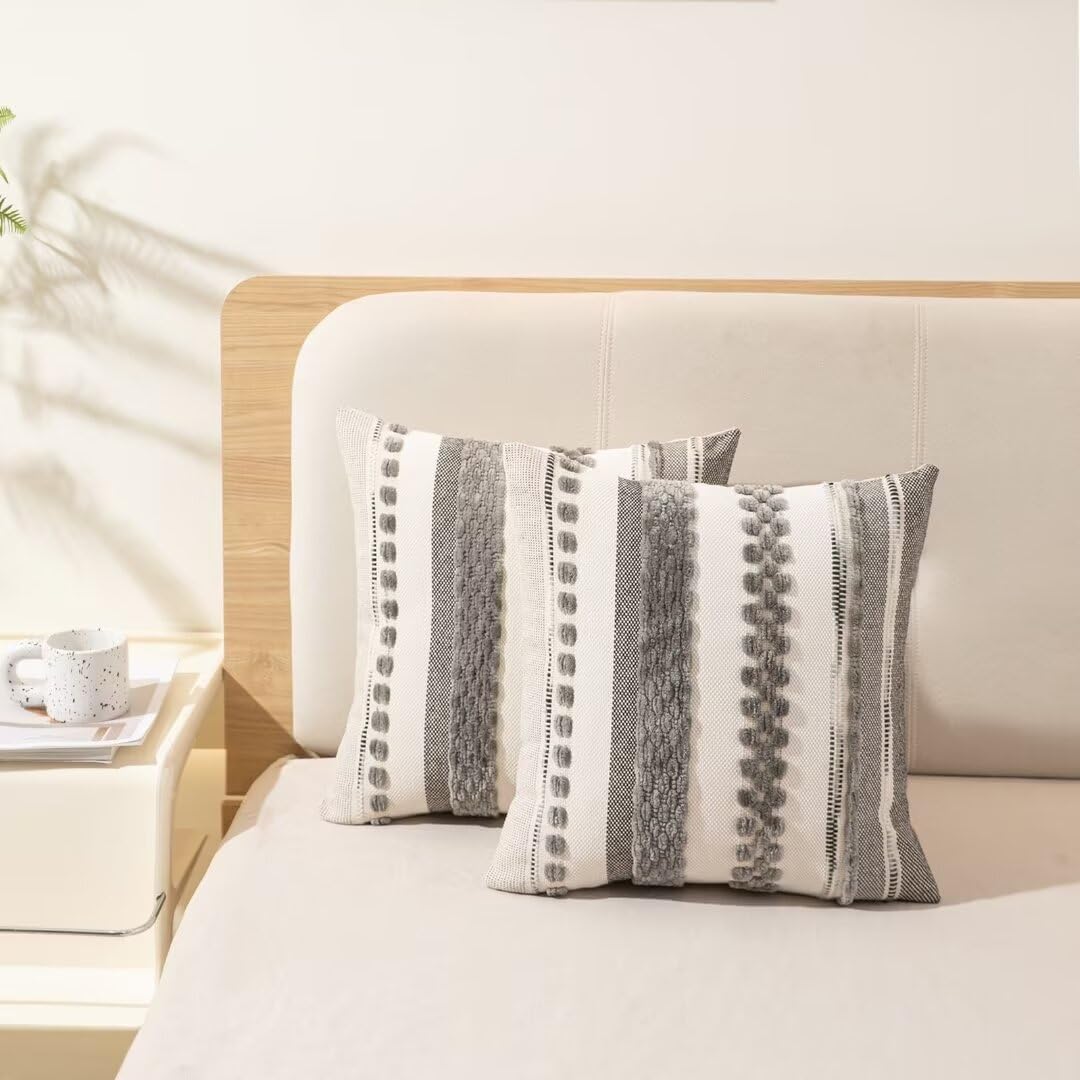 Boho Throw Pillow Covers 18x18 Set of 2 Farmhouse Decorative Cushion Case Striped Square Pillows