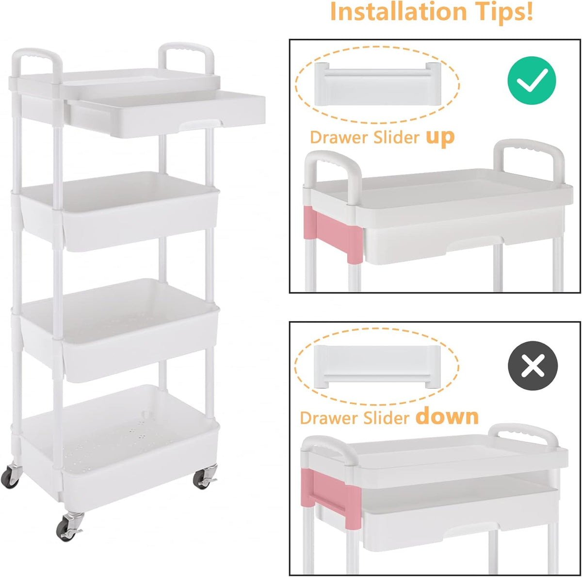 Calmootey 4-Tier Rolling Utility Cart with Drawer,Multifunctional Storage Organizer with Plastic