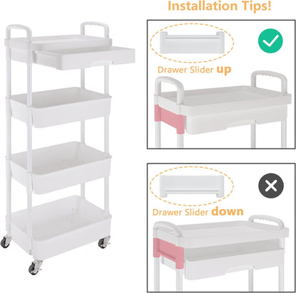 Calmootey 4-Tier Rolling Utility Cart with Drawer,Multifunctional Storage Organizer with Plastic