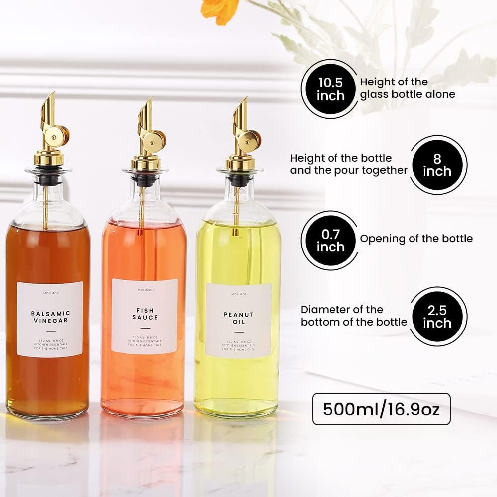 Molimoli Oil and Vinegar Dispenser with Metal Pour Spout, Weighted Pourer, Glass Bottle Dispenser
