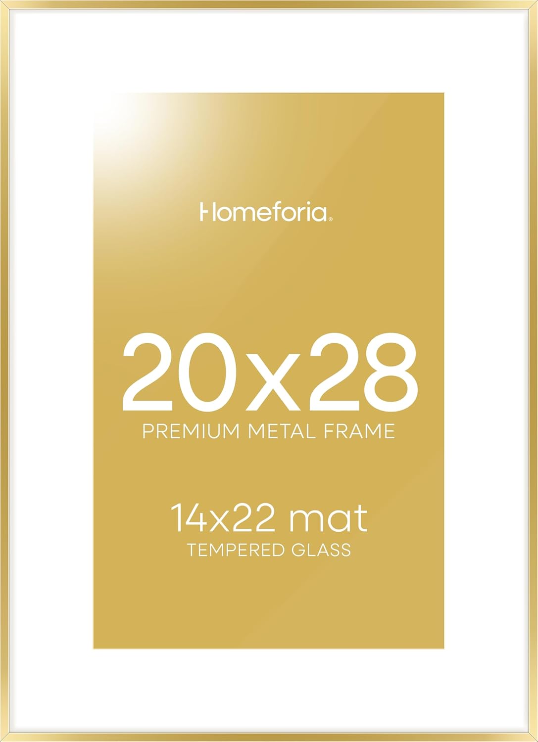 Homeforia 20x28 Picture Frame Gold, High End Metal 20 x 28 Poster Frames with Mat 14 by 22 Photo