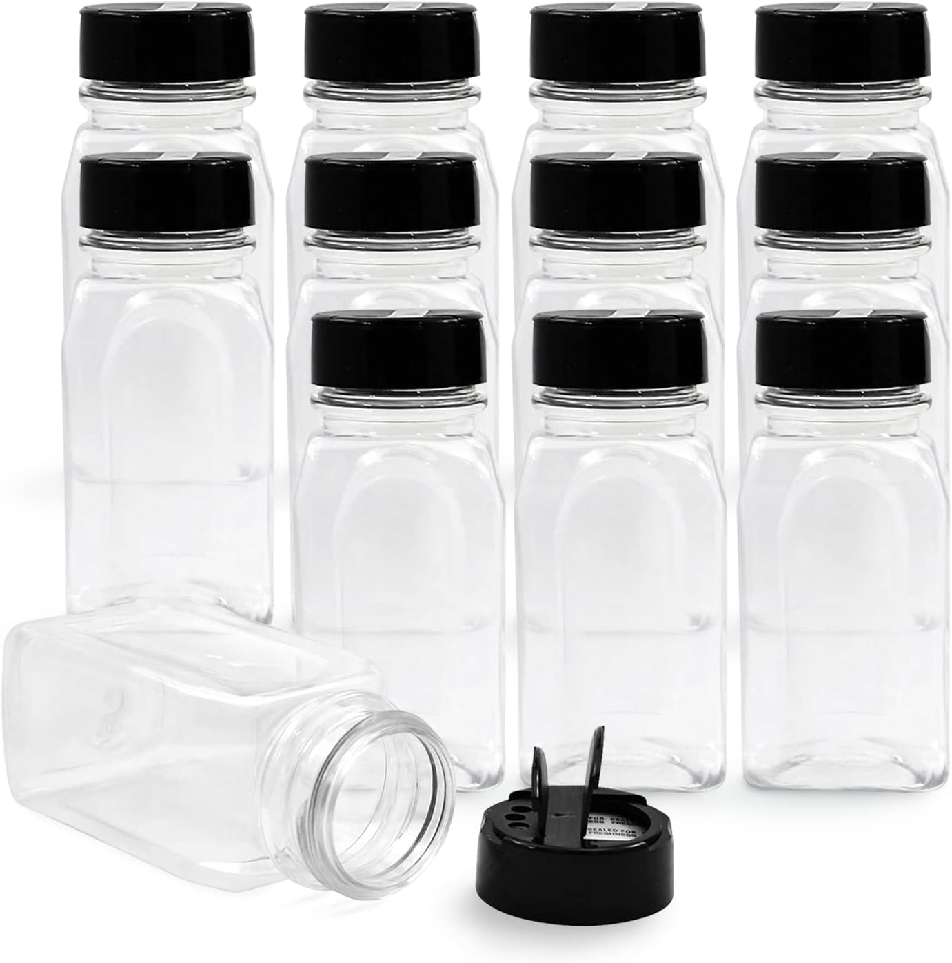 RoyalHouse 6 Pack 9.5 Oz Plastic Spice Jars with Black Cap, Clear and Safe Plastic Bottle