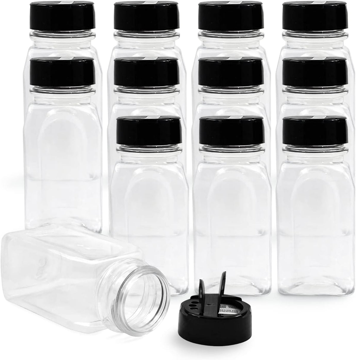 RoyalHouse 6 Pack 9.5 Oz Plastic Spice Jars with Black Cap, Clear and Safe Plastic Bottle