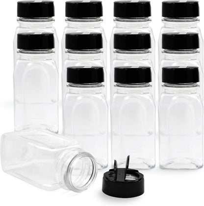 RoyalHouse 6 Pack 9.5 Oz Plastic Spice Jars with Black Cap, Clear and Safe Plastic Bottle
