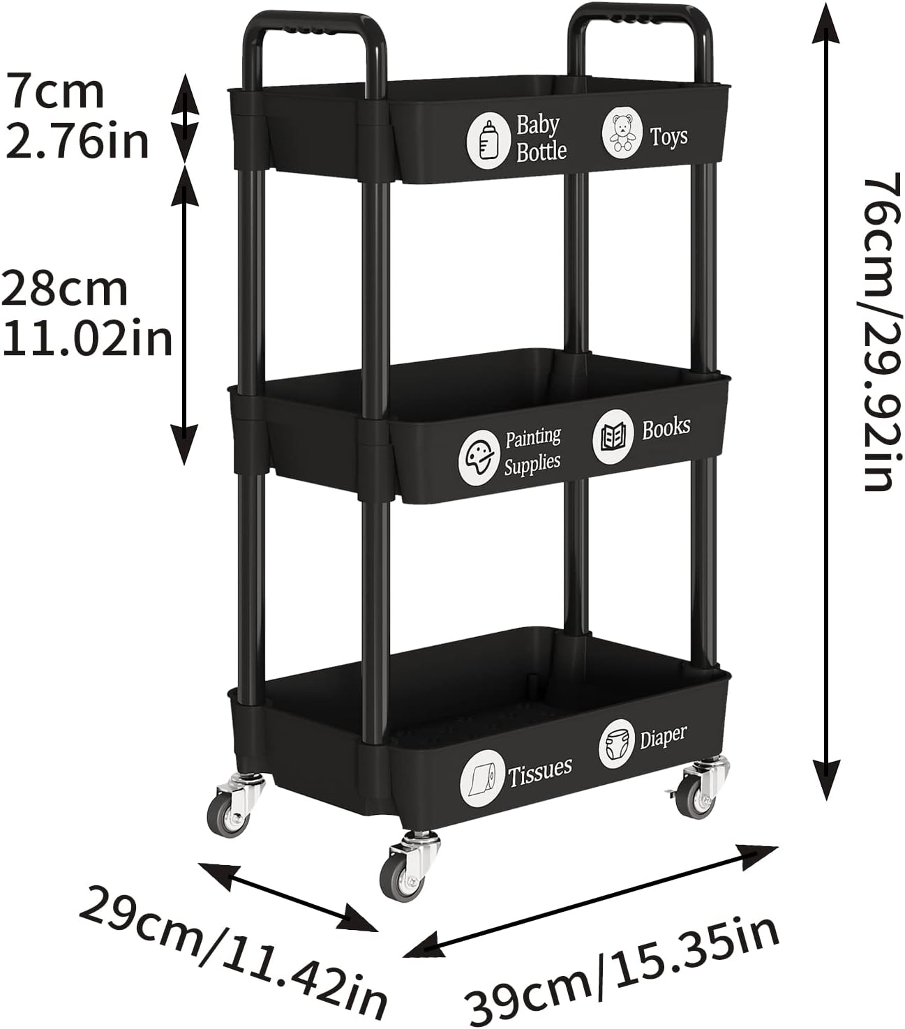 Laiensia 3-Tier Kitchen Storage Cart,Multifunction Utility Rolling Storage Organizer,Mobile