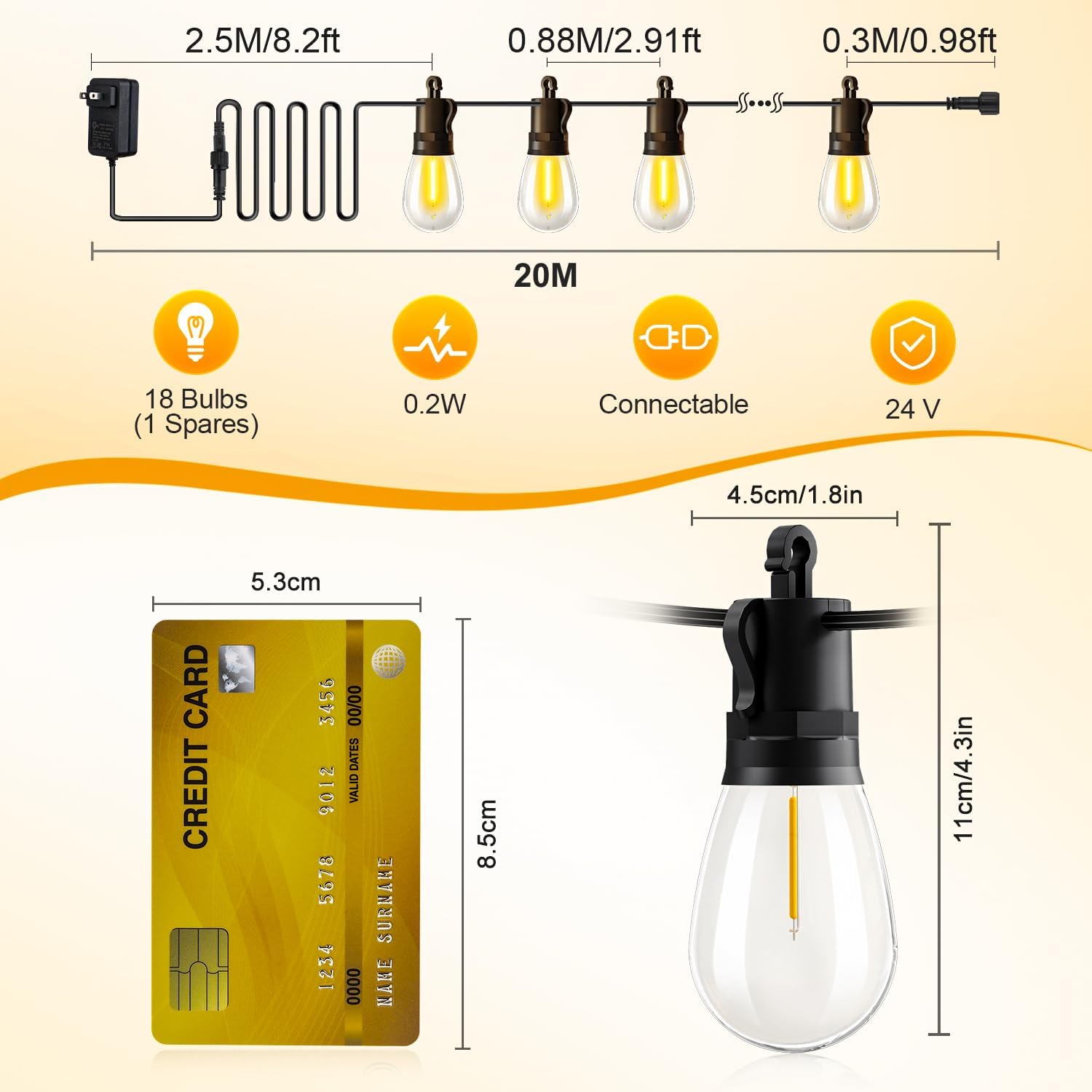 Outdoor String Lights Patio LED Light Outside - 20M 18+1 S14 LED with Remote Control 65ft Porch