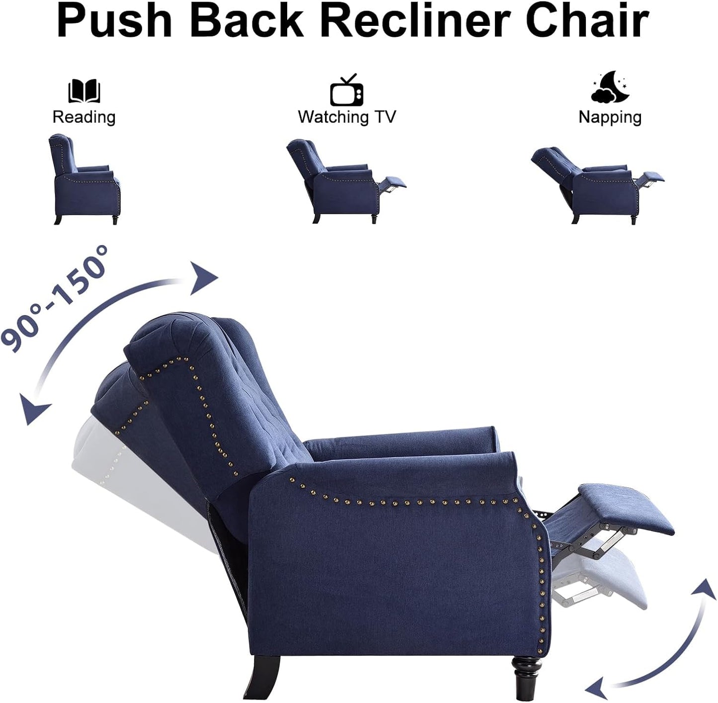 EBELLO Pushback Recliner Chair, Fabric Armchair Push Back Recliner with Rivet Decoration, Single