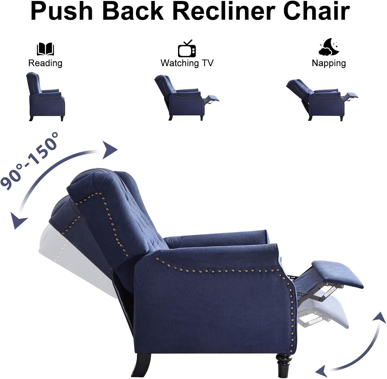 EBELLO Pushback Recliner Chair, Fabric Armchair Push Back Recliner with Rivet Decoration, Single