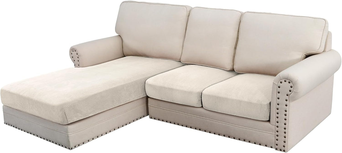H.VERSAILTEX Velvet Stretch Sectional Couch Covers 3 Pieces, L Shape, Ivory Striped (Large Sofa 2