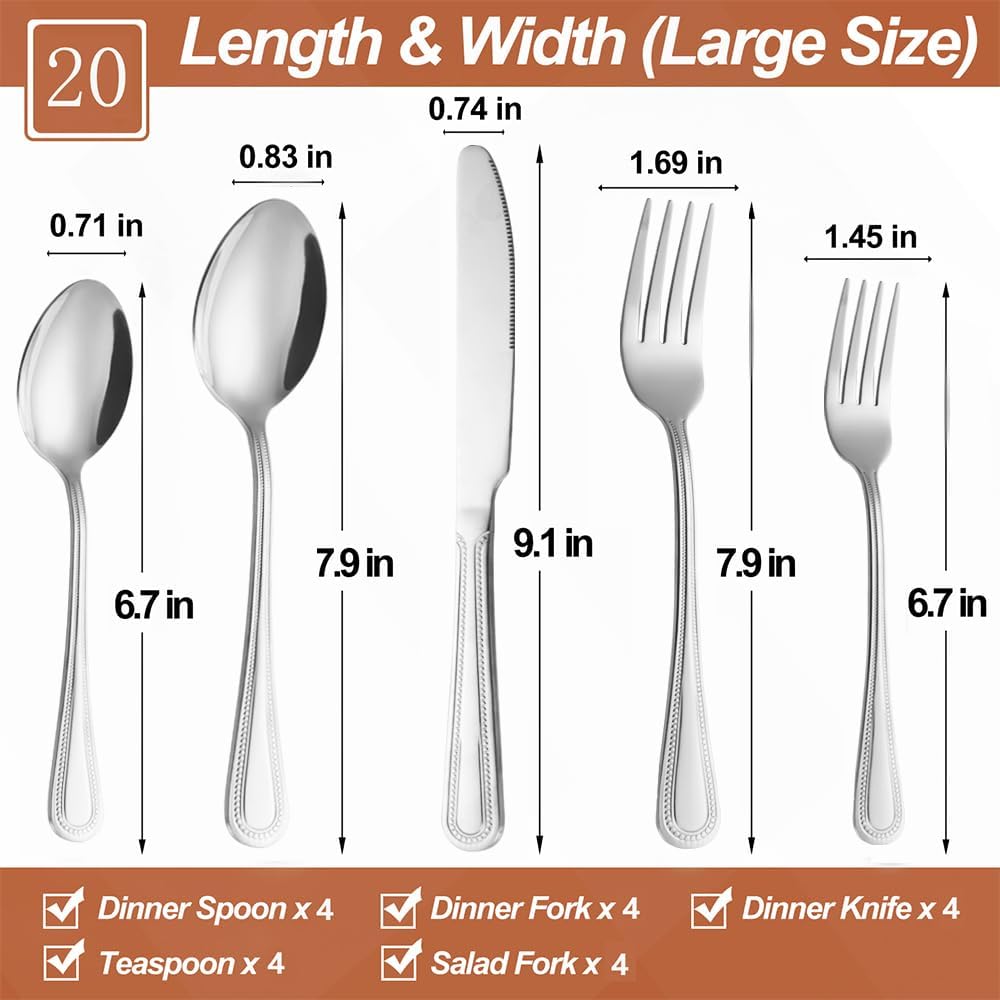 20 Pcs Silverware Set for 4 with Pearled Edge Handle design, Food Grade Stainless Steel Flatware