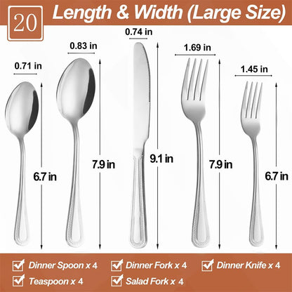 20 Pcs Silverware Set for 4 with Pearled Edge Handle design, Food Grade Stainless Steel Flatware