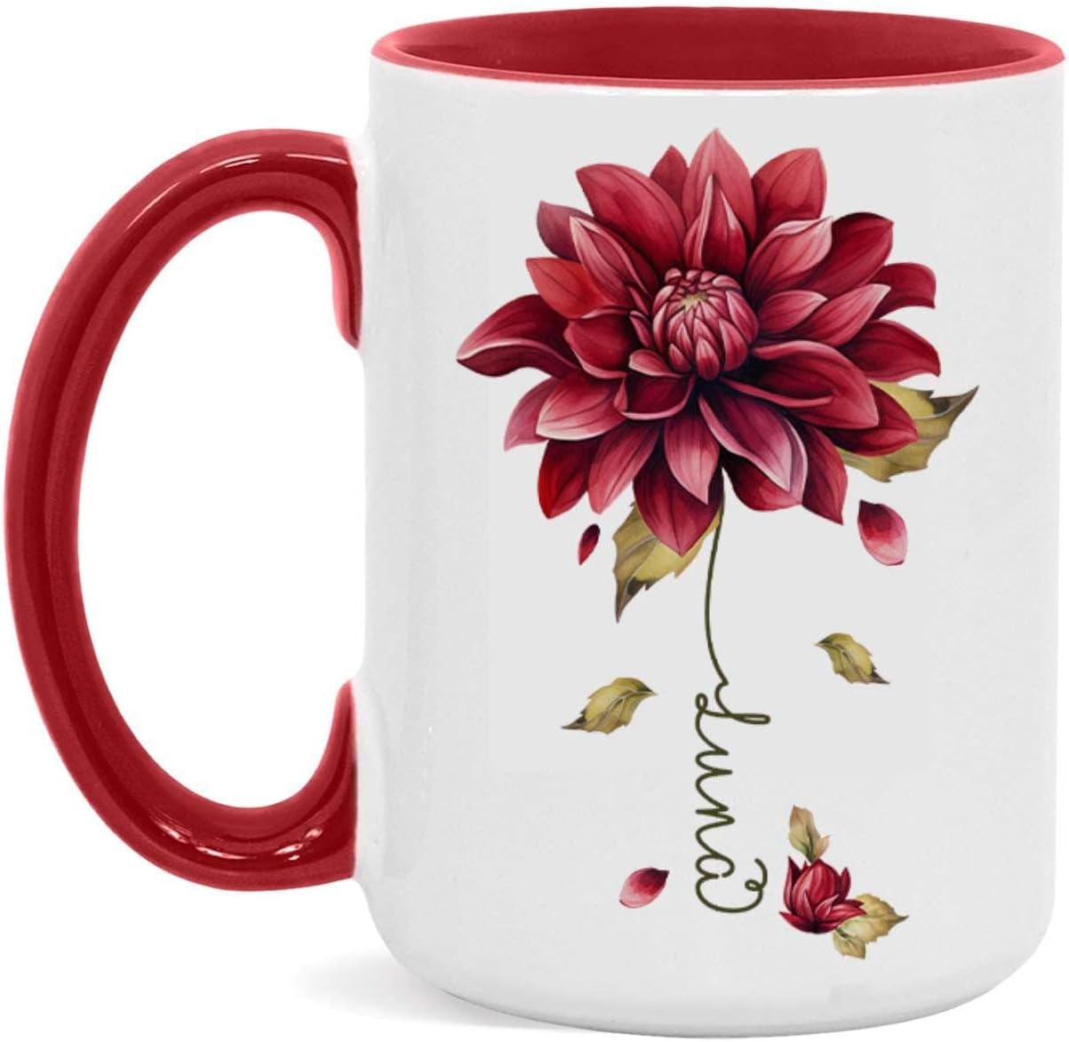 Dahlia Flower Design Coffee Mug, Personalized Name On Red Floral Cup, Custom Ceramic Mug For Flower