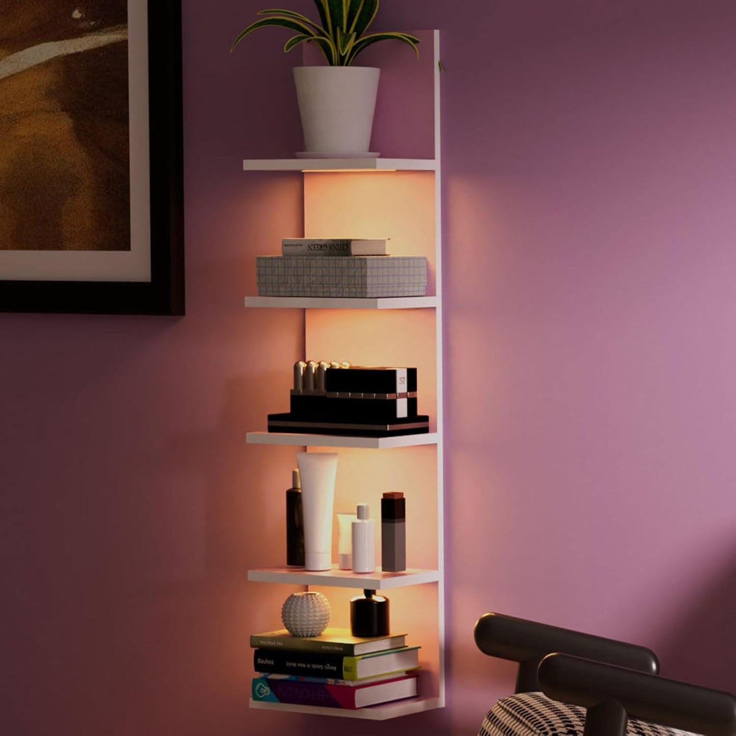 5 Tier Wall Shelf Unit,Modern Vertical Lack Wall Shelves with Light, Wall Mount, Floating Column