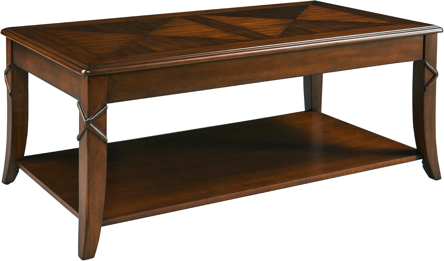 Solid Wood Coffee Table with Storage Shelf, Mid-Century Living Room Tables with Carved Tabletop and