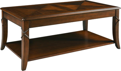 Solid Wood Coffee Table with Storage Shelf, Mid-Century Living Room Tables with Carved Tabletop and
