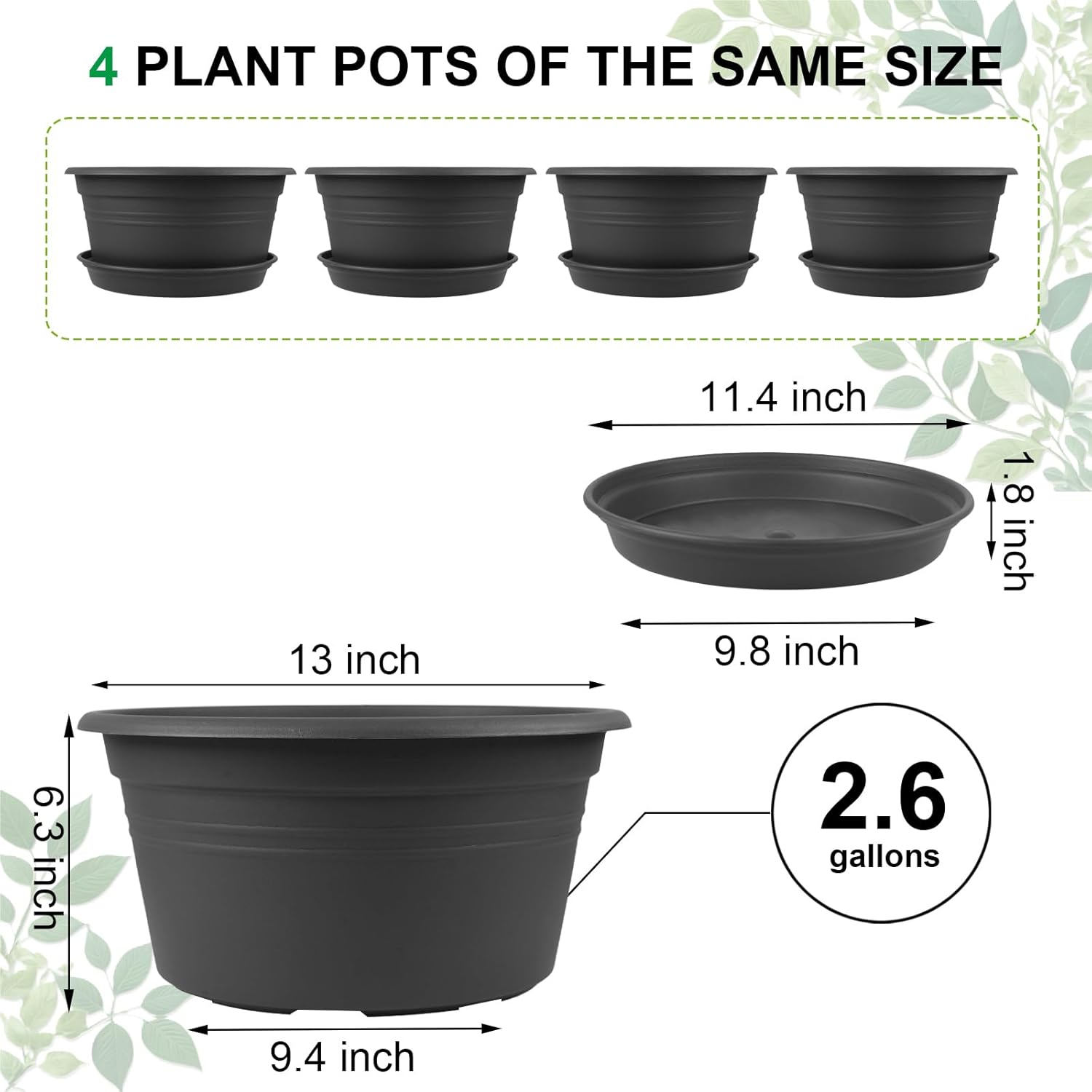 Large Flower Pots Set of 4 Pack 13 inch, Plant Pots Large Outdoor Planters with Drainage Hole &