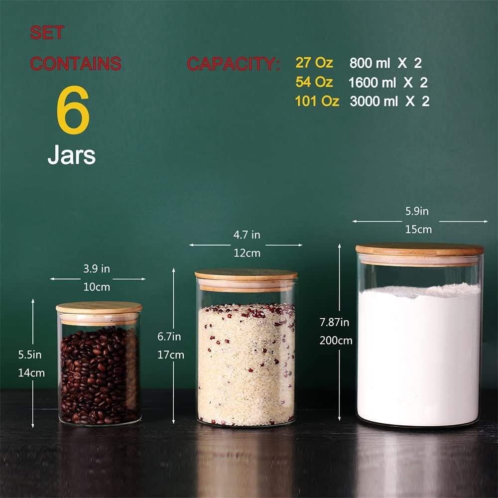 Glass flour Jars with Airtight Lids, 6 Pack Sugar and Flour Salt Containers Set, Extra Large Glass