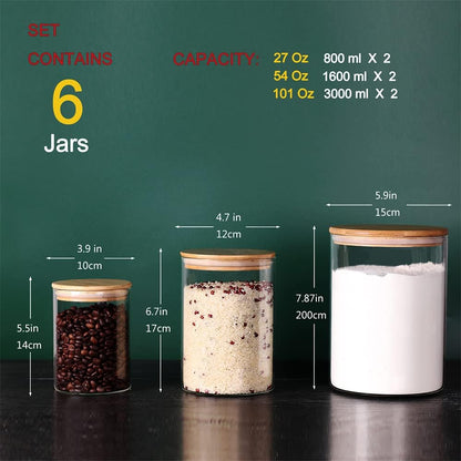 Glass flour Jars with Airtight Lids, 6 Pack Sugar and Flour Salt Containers Set, Extra Large Glass