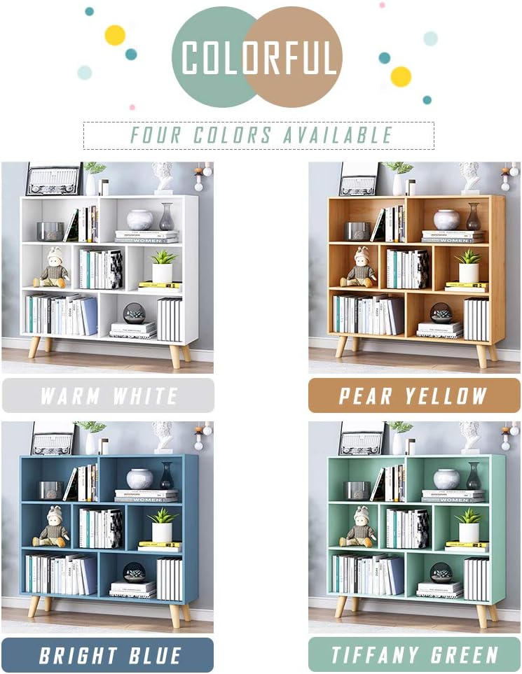 IOTXY Wooden Open Shelf Bookcase - 3-Tier Floor Standing Display Cabinet Rack with Legs, 7 Cubes