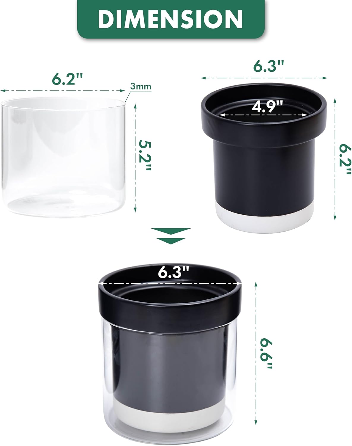 Phoenix Vine 6 Inch Self Watering Planter Pot, Black Terracotta Clay Pot with Glass Reservoir for