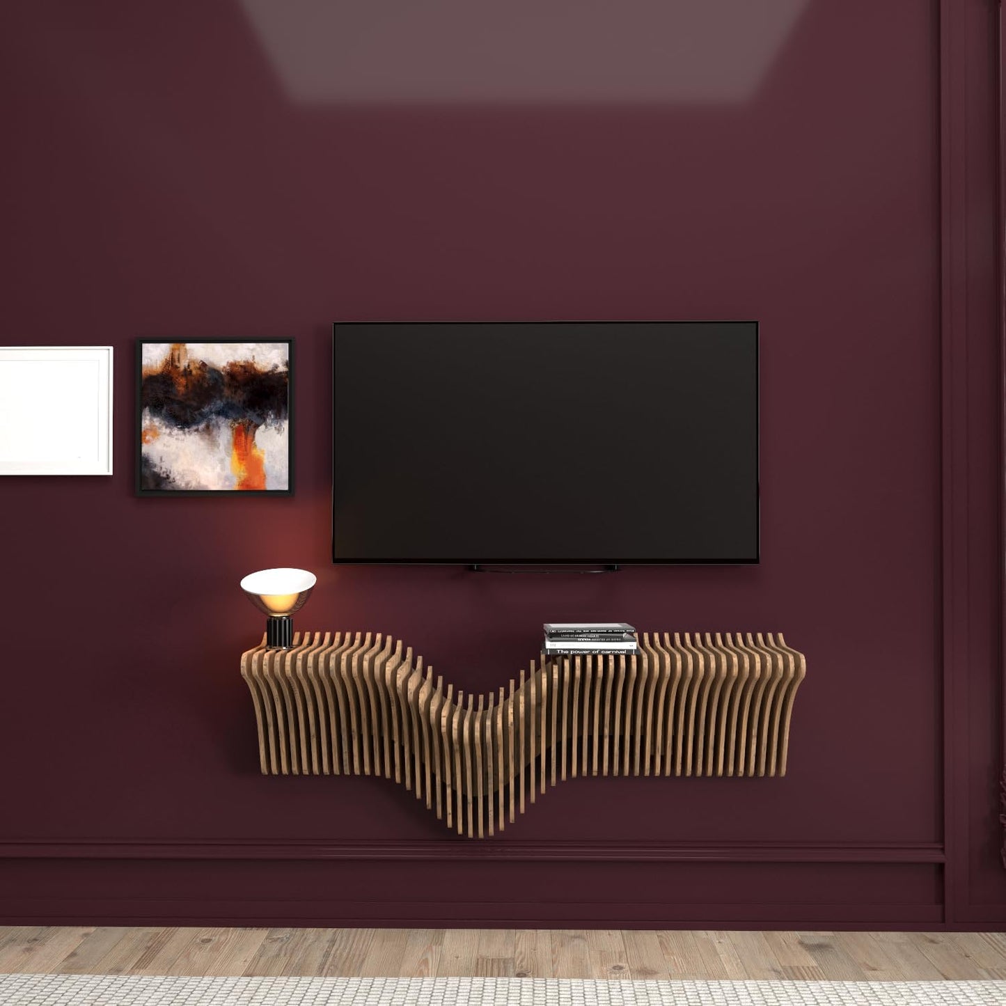 Parametrics 40 inch Floating Shelf TV Unit Modern Geometric Wooden Wall Piece Decor Natural Oak
