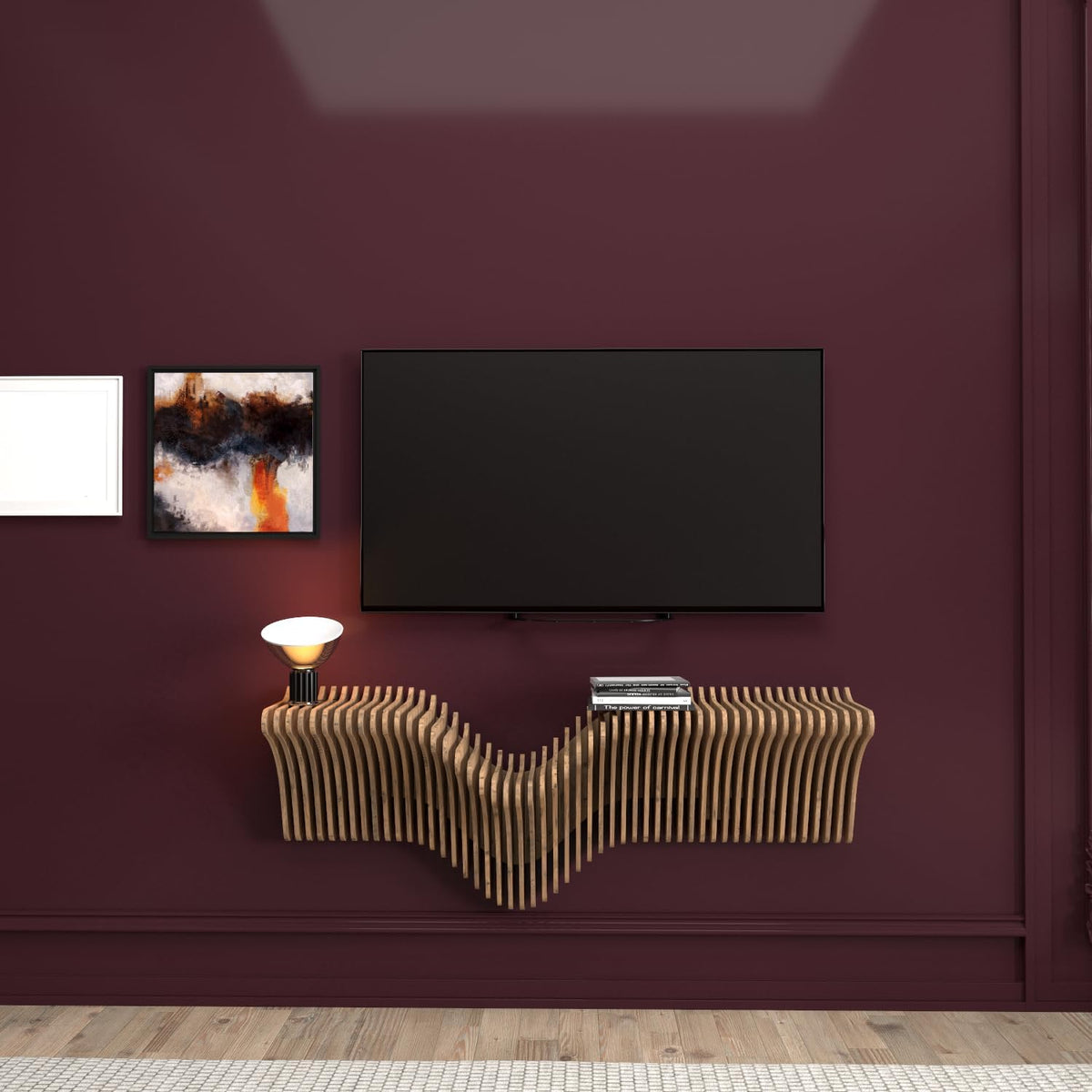 Parametrics 40 inch Floating Shelf TV Unit Modern Geometric Wooden Wall Piece Decor Natural Oak