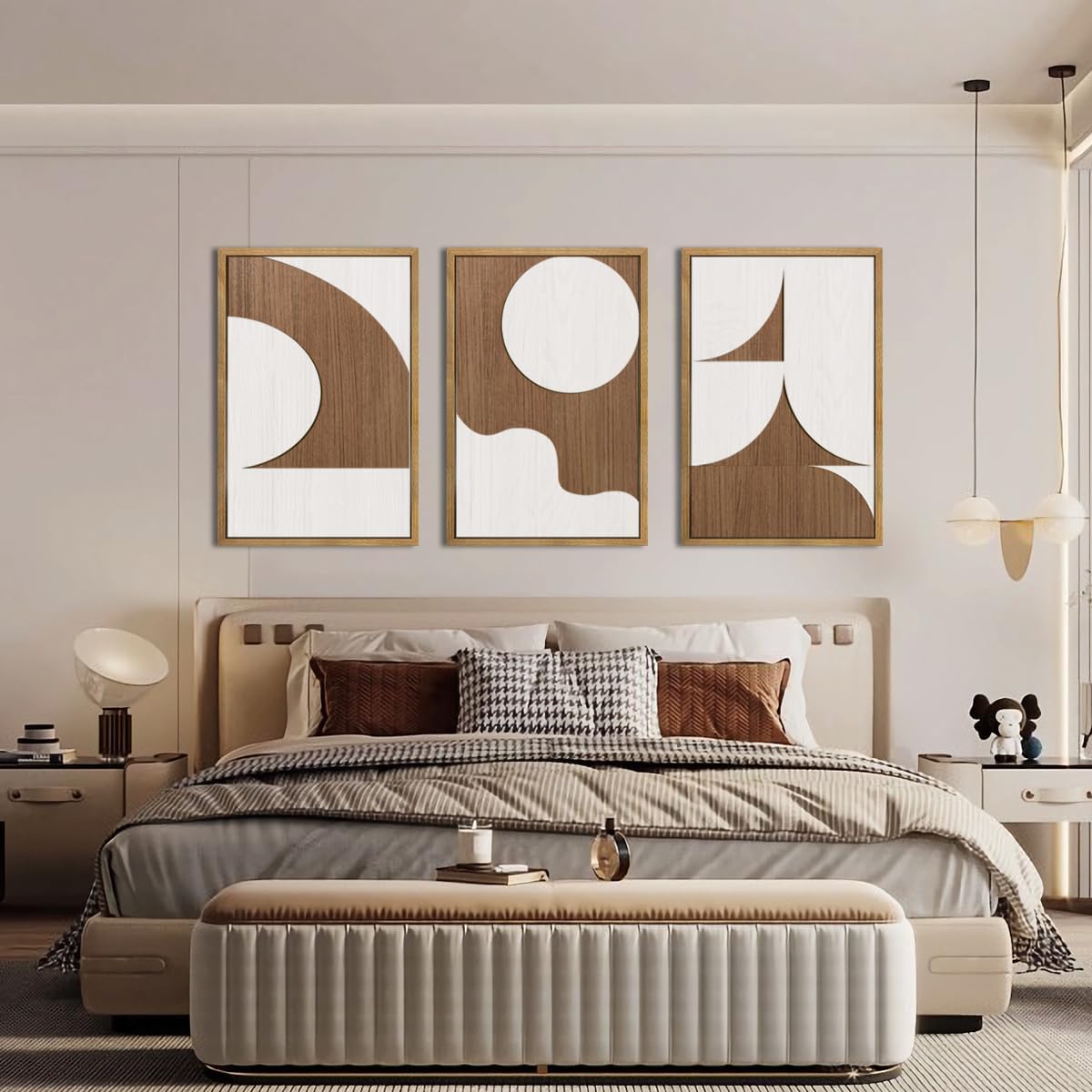 Large Abstract Brown and Beige Wall Art Set Modern Geometric Wood Grain Wall Decor Minimalist
