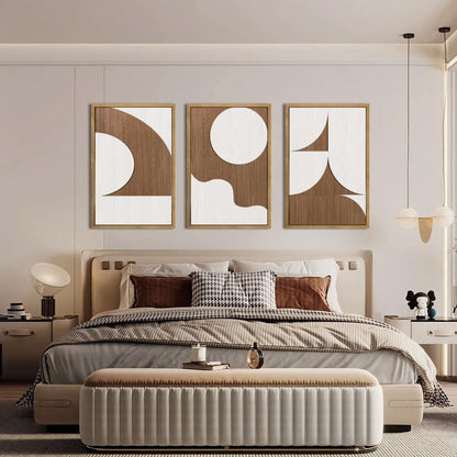 Large Abstract Brown and Beige Wall Art Set Modern Geometric Wood Grain Wall Decor Minimalist
