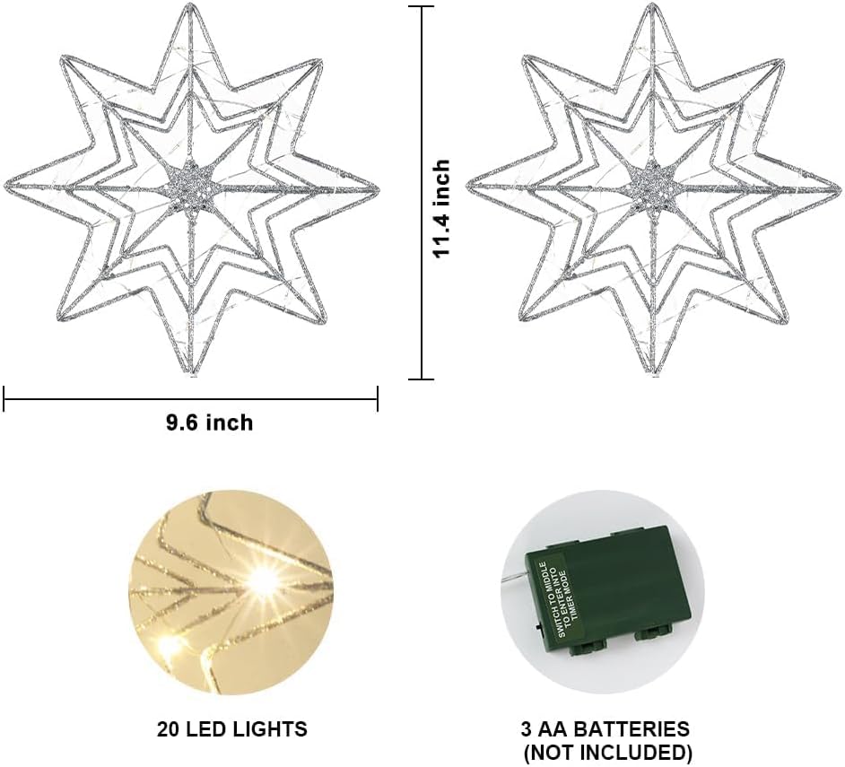 hogardeck Christmas Tree Topper, Glittered Silver 8-Pointed Star Tree Topper for Christmas Treetop