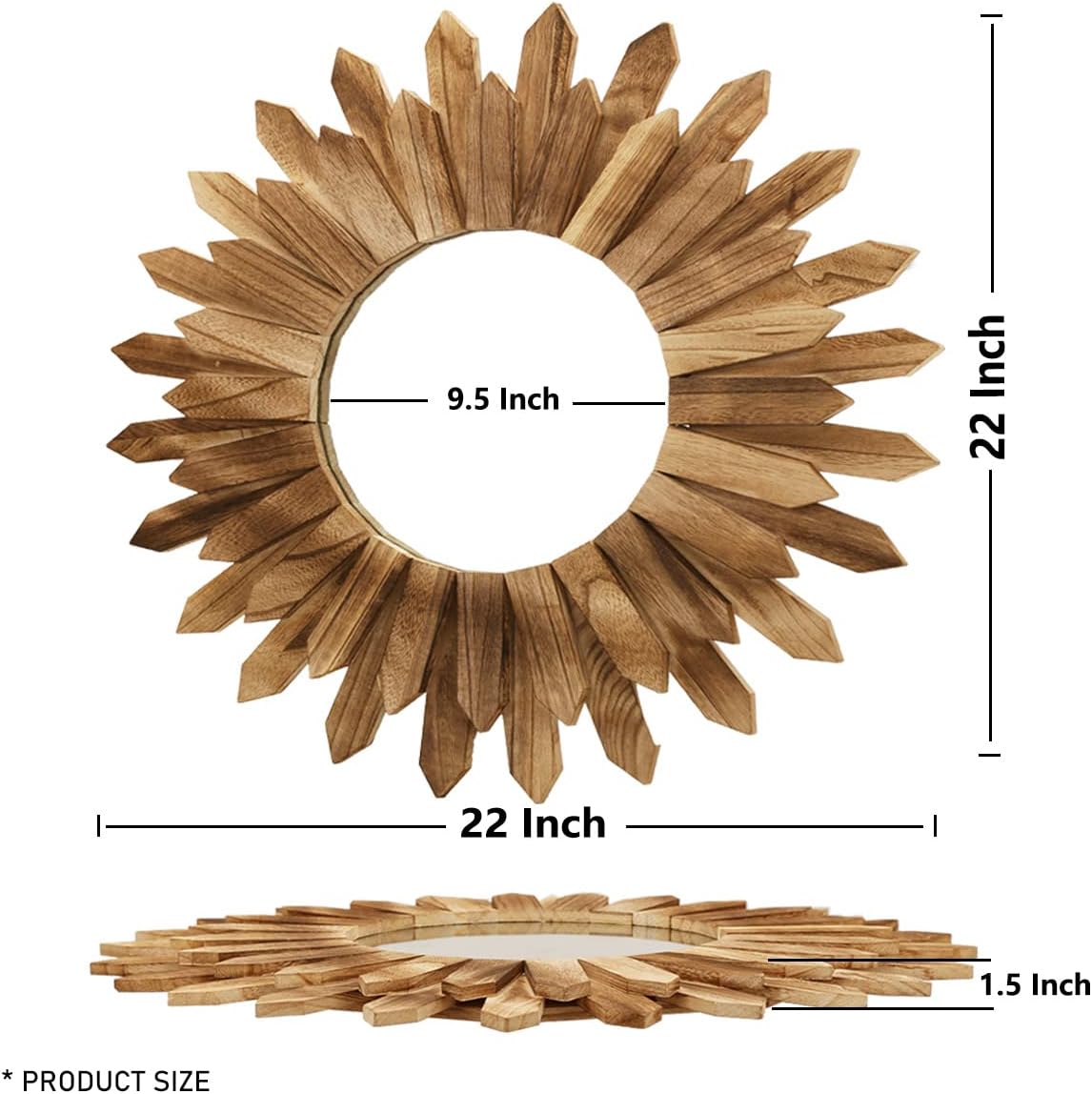 LOSOUR 2 Pack 22 Inch Boho Wall Sunburst Mirror Rustic Round Wood Decorative Mirror Boho Wall Art