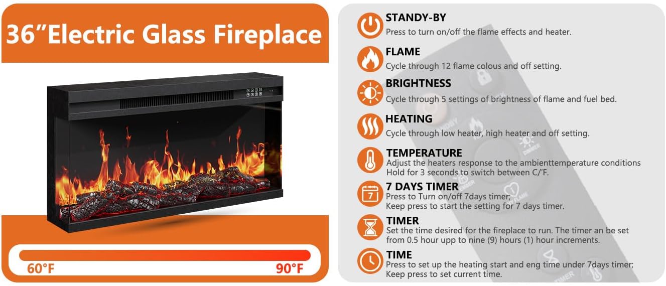 3-Sided Glass Farmhouse Fireplace TV Stand for TVs Up to 100 Inch, Entertainment Center with 36"
