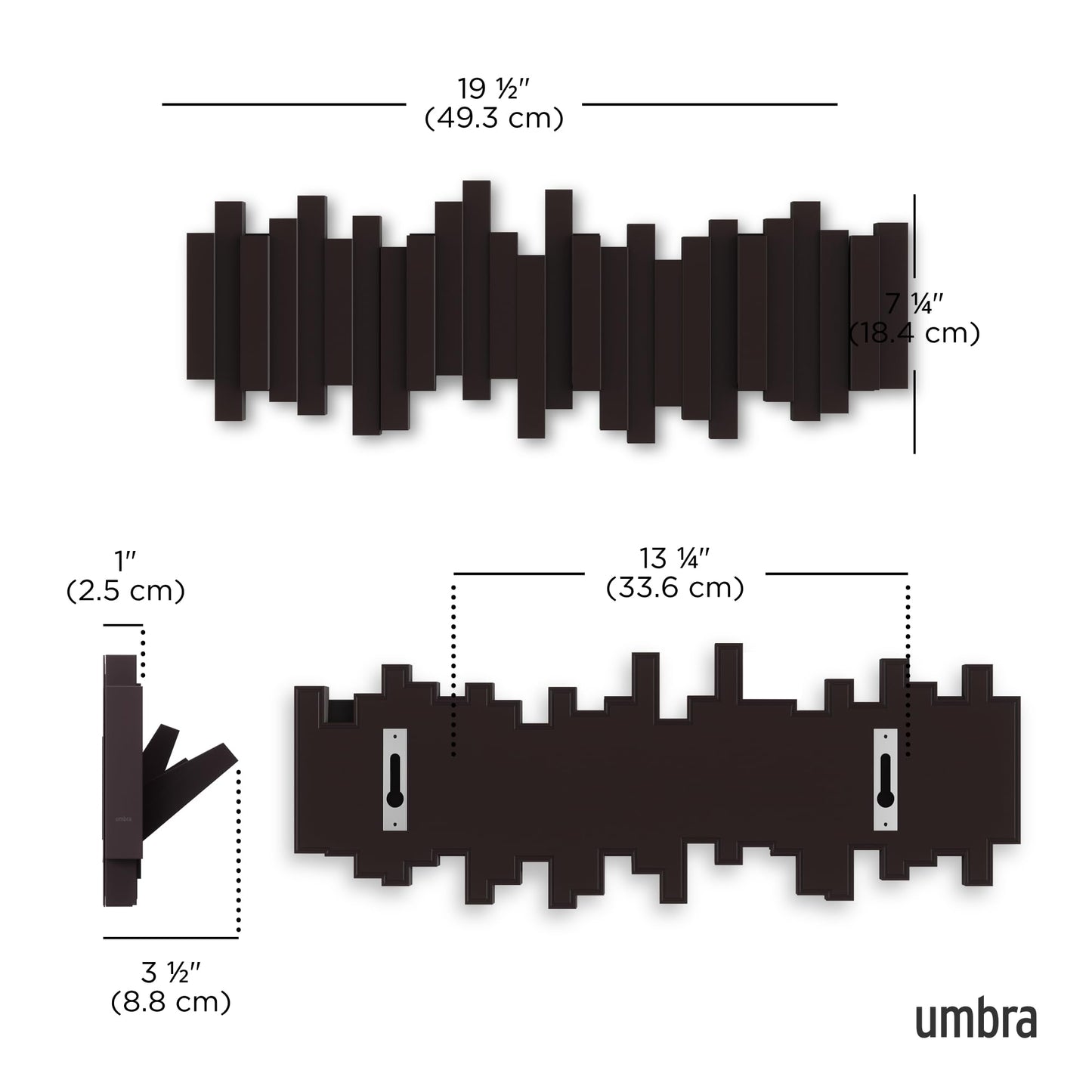 Umbra Sticks Wall Mount Coat Rack, 5 Hook Retractable Pegs, Espresso