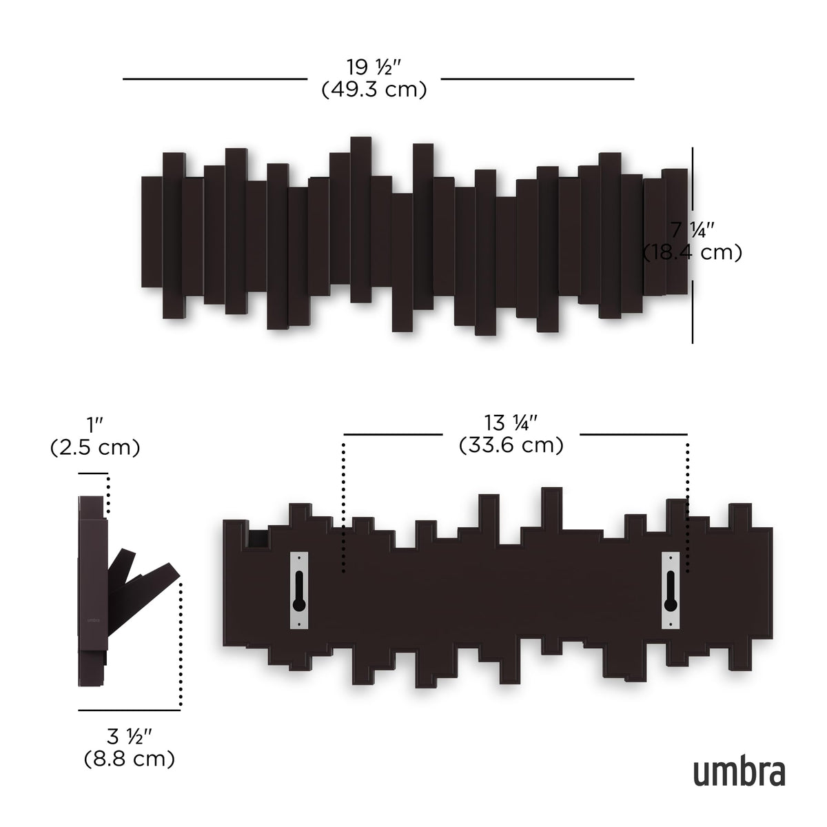 Umbra Sticks Wall Mount Coat Rack, 5 Hook Retractable Pegs, Espresso