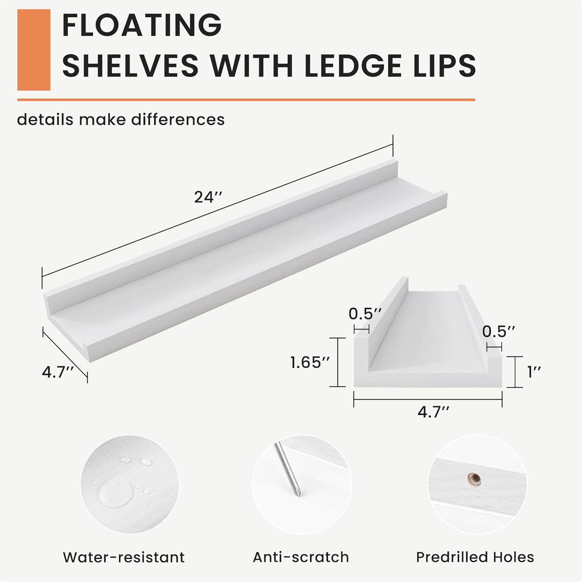Solid Ash Wood Picture Ledge Shelf, 24 Inch Floating Shelves with Lip Set of 2, Photo Ledge Shelf