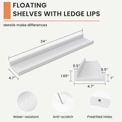 Solid Ash Wood Picture Ledge Shelf, 24 Inch Floating Shelves with Lip Set of 2, Photo Ledge Shelf