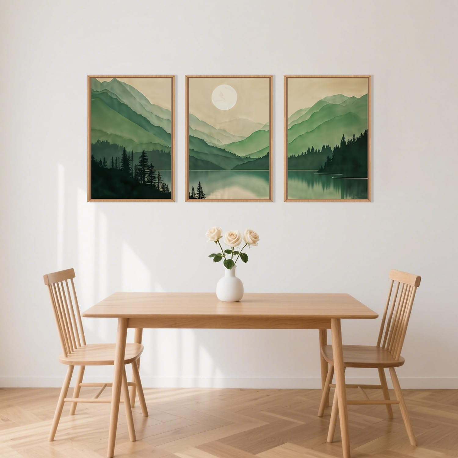 Celestdeco Watercolor Mountains Framed Canvas Wall Art Set, Boho Sun Forests Wall Decor, Green
