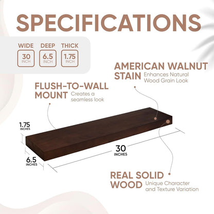 Homeforia 30inch Walnut Floating Shelves for Wall Mounted, High End Solid Real Wood 30 in Floating