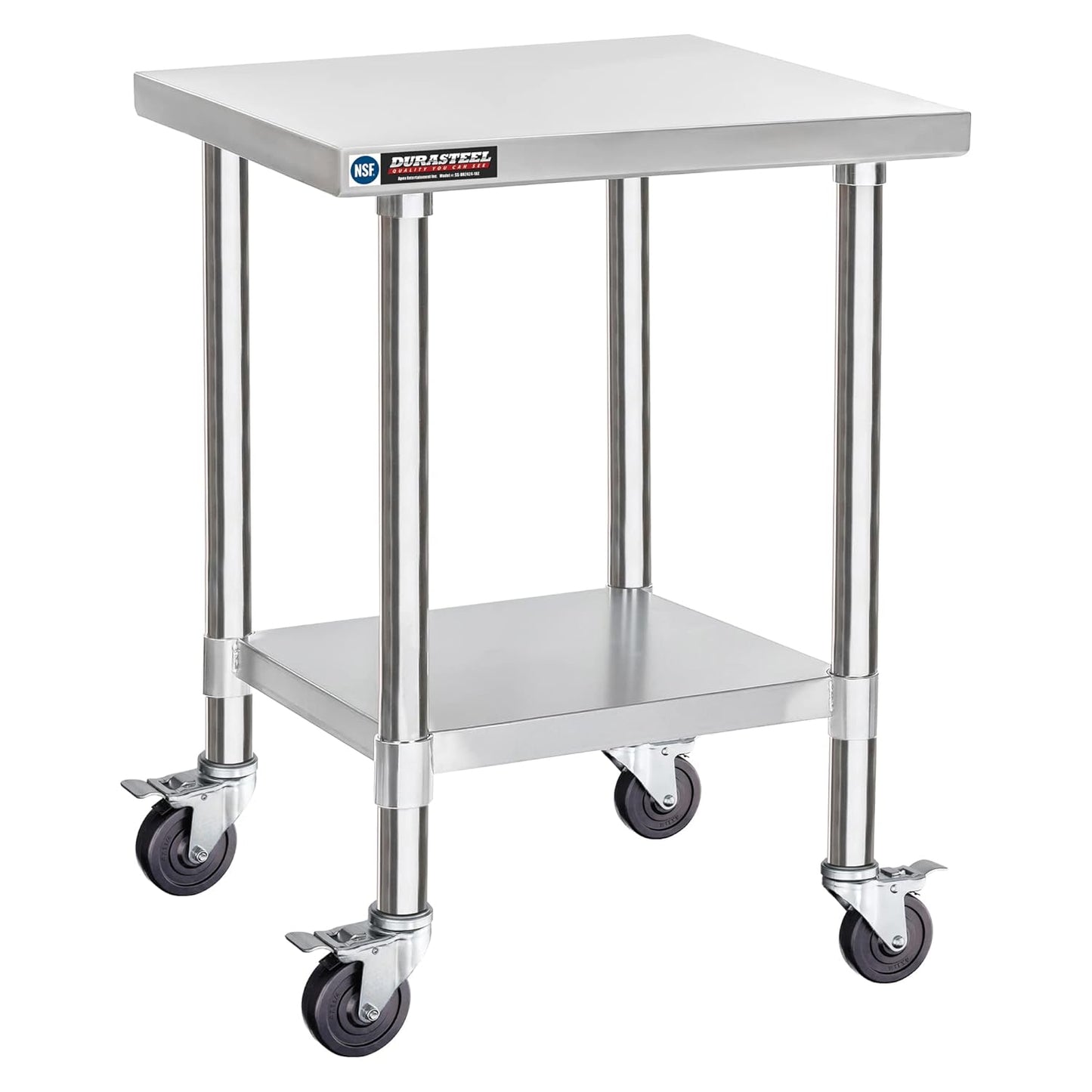 DuraSteel 24x24 NSF Stainless Steel Cart Work Table - Heavy Duty Rolling Food Prep Table - Metal