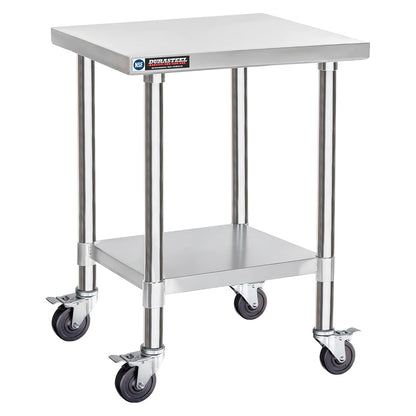 DuraSteel 24x24 NSF Stainless Steel Cart Work Table - Heavy Duty Rolling Food Prep Table - Metal