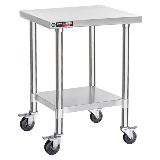DuraSteel 24x24 NSF Stainless Steel Cart Work Table - Heavy Duty Rolling Food Prep Table - Metal
