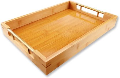 Bamboo Wood Serving Tray with Gold Polished Metal Handles, Decorative Tray Platter Coffee Table